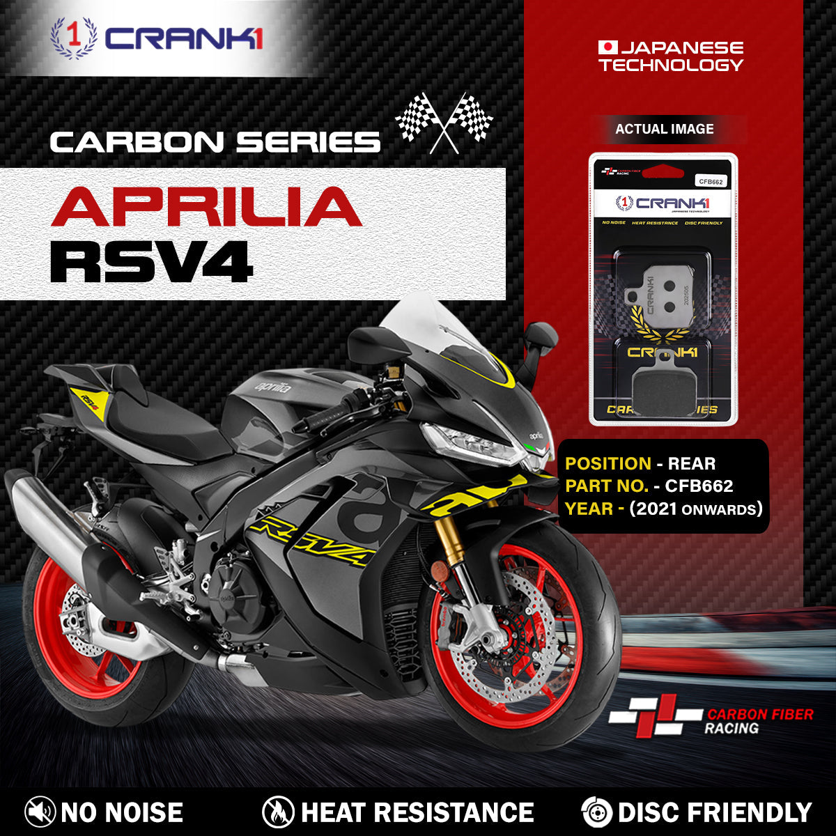 Carbon Brake Pads For Aprilia RSV4 (2021 Onwards) - Rear - CFB662 - 1 Set - CRANK1