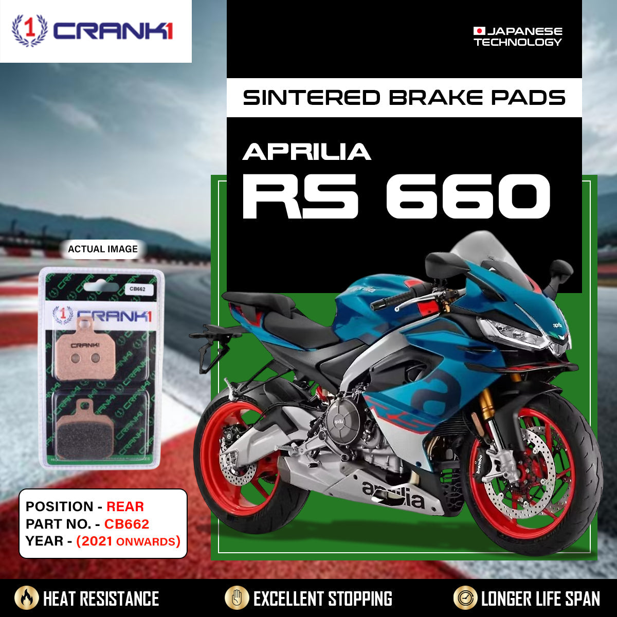 Sintered Brake Pads For Aprilia RS 660 (2021 Onwards) - Rear - CB662 - 1 Set - CRANK1