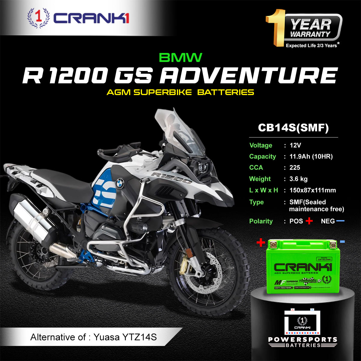 Battery For BMW R 1200 GS Adventure (2008-2022) - CB14S - Factory Activated - CRANK1