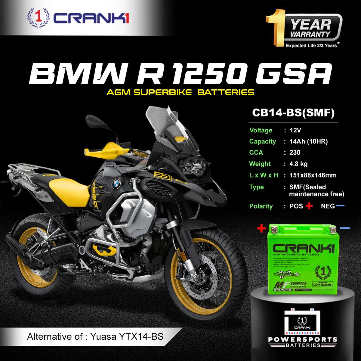 Battery For BMW R 1250 GSA - CB14-BS - Factory Activated - CRANK1