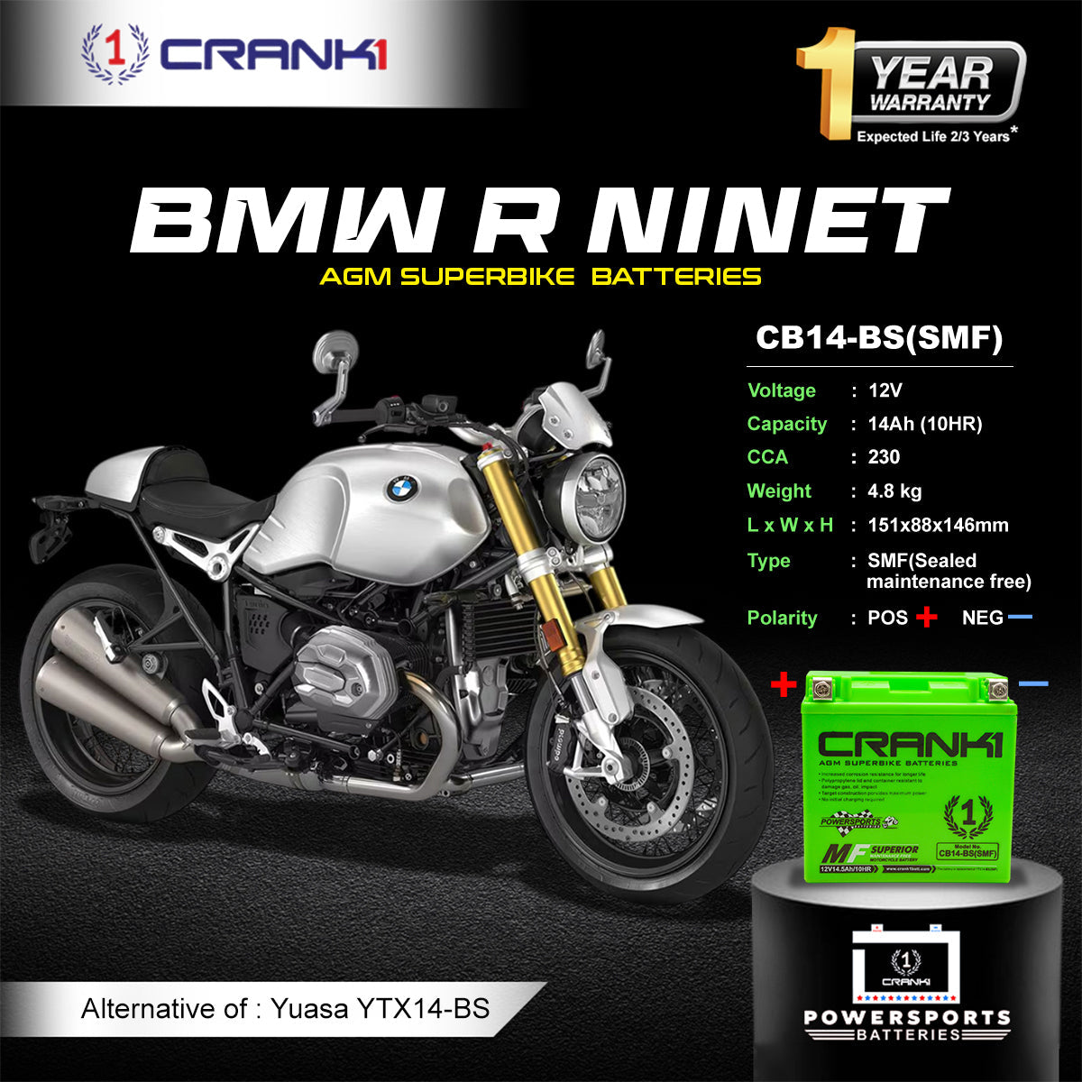 Battery For BMW R nineT (2013-2022) - CB14-BS - Factory Activated - CRANK1