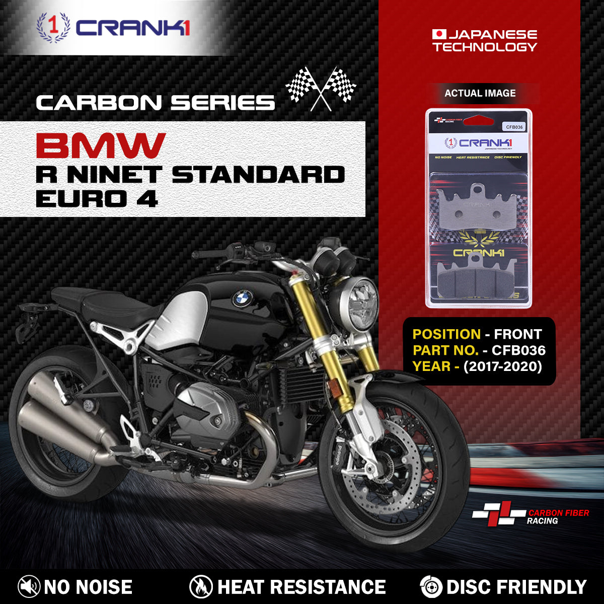 Carbon Brake Pads For BMW R nineT Standard  Euro 4 (2017-2020) - Front - CFB036 - 2 Sets - CRANK1