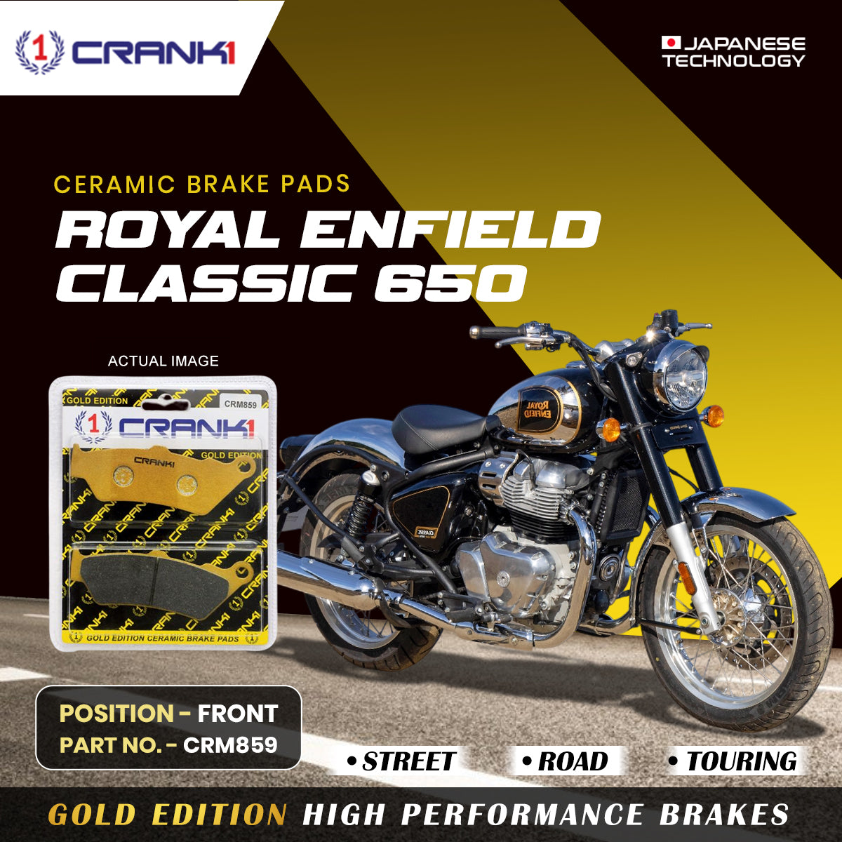 Ceramic Brake Pads For Royal Enfield Classic 650 - Front - CRM859 - 1 Set - CRANK1