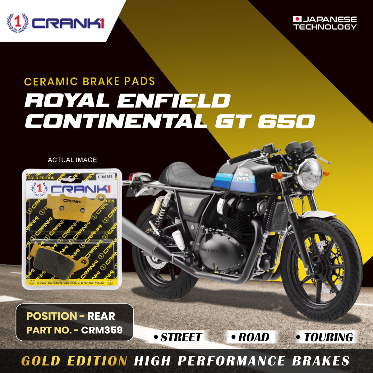 Ceramic Brake Pads For Royal Enfield Continental GT 650 - Rear - CRM359 - 1 Set - CRANK1