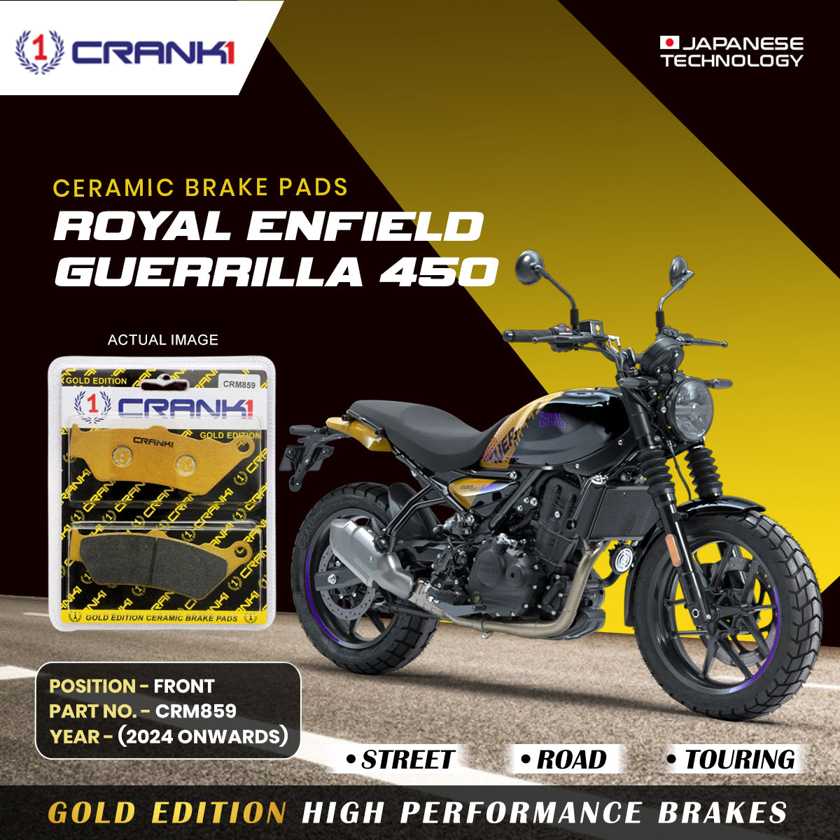 Ceramic Brake Pads For Royal Enfield Guerrilla 450 (2024 Onwards) - Front - CRM859 - 1 Set - CRANK1