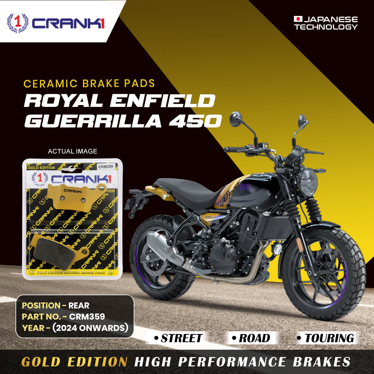 Ceramic Brake Pads For Royal Enfield Guerrilla 450 (2024 Onwards) - Rear - CRM359 - 1 Set - CRANK1