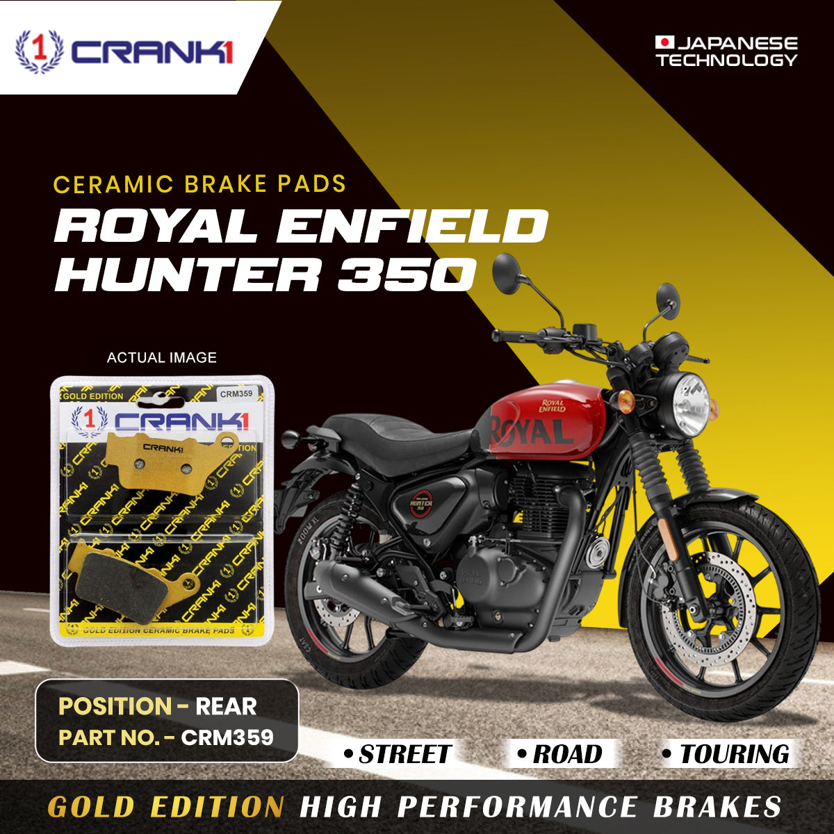 Ceramic Brake Pads For Royal Enfield Hunter 350 - Rear - CRM359 - 1 Set - CRANK1