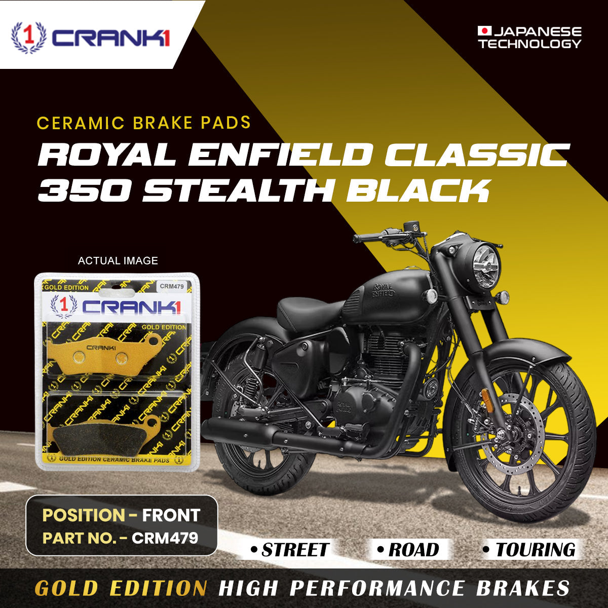 Ceramic Brake Pads For Royal Enfield Classic 350 Stealth Black - Front - CRM479 - 1 Set - CRANK1