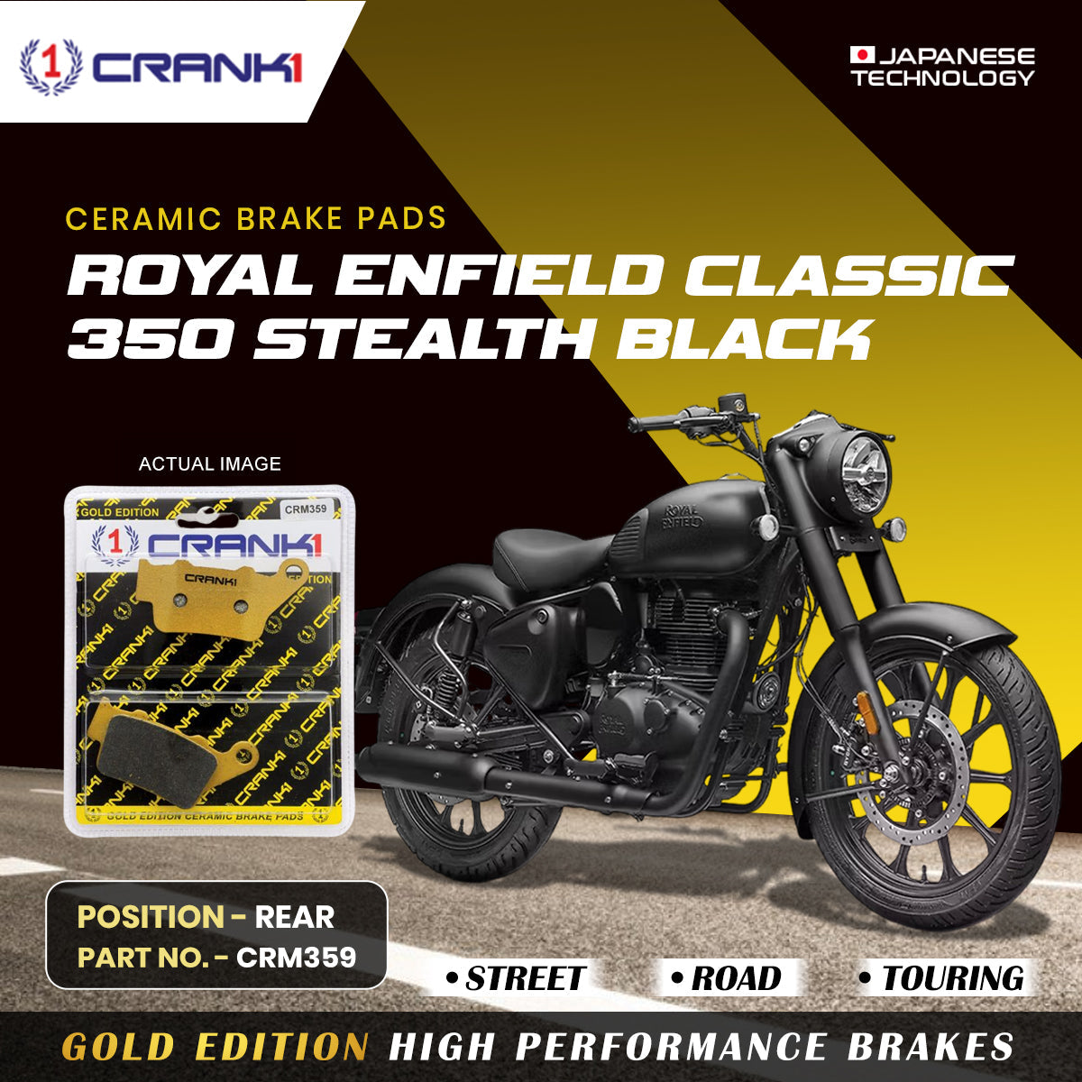 Ceramic Brake Pads For Royal Enfield Classic 350 Stealth Black - Rear - CRM359 - 1 Set - CRANK1