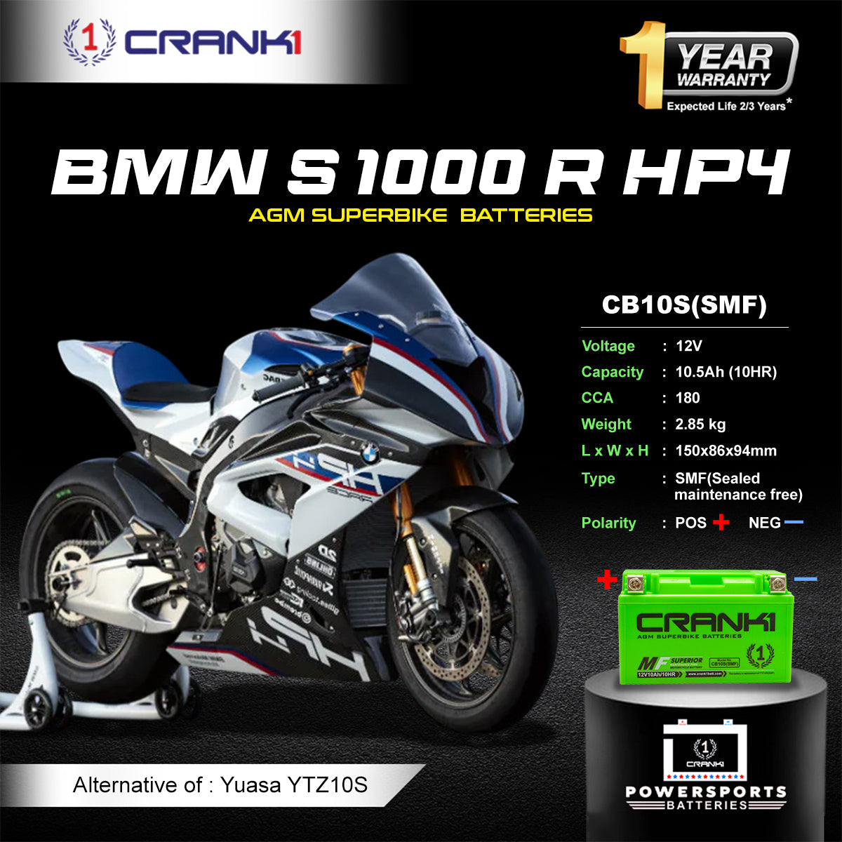 Battery For BMW S 1000 R HP4 (2013 Onwards) - CB10S - Factory Activated - CRANK1