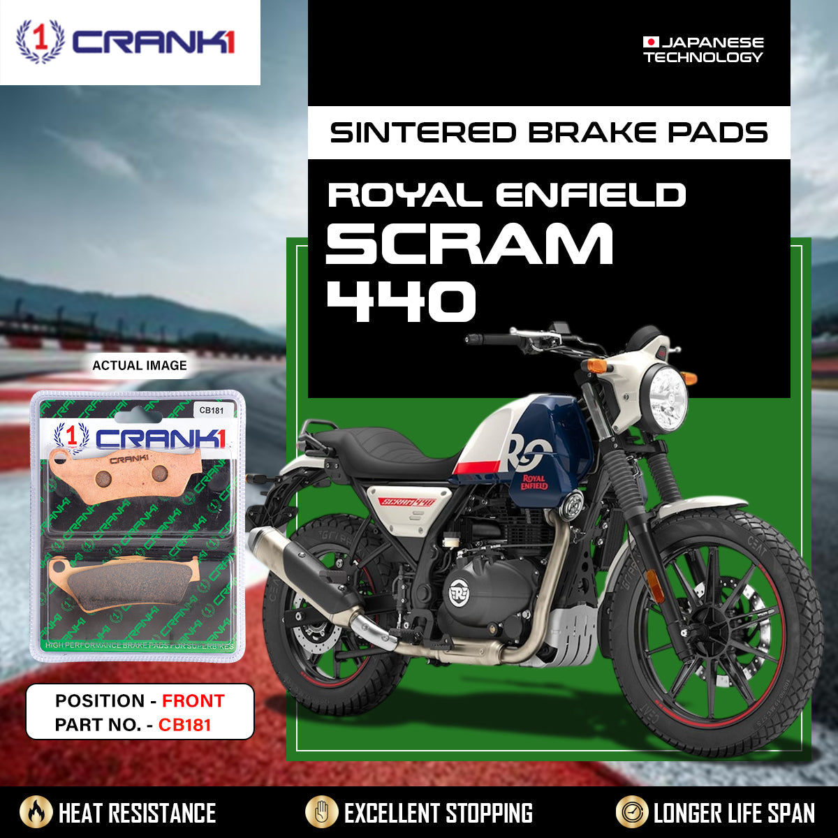 Sintered Brake Pads For Royal Enfield Scram 440 - Front - CB181 - 1 Set - CRANK1