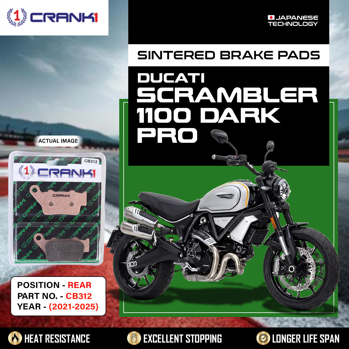 Sintered Brake Pads For Ducati Scrambler 1100 Dark Pro (2021-2025) - Rear - CB312 - 1 Set - CRANK1