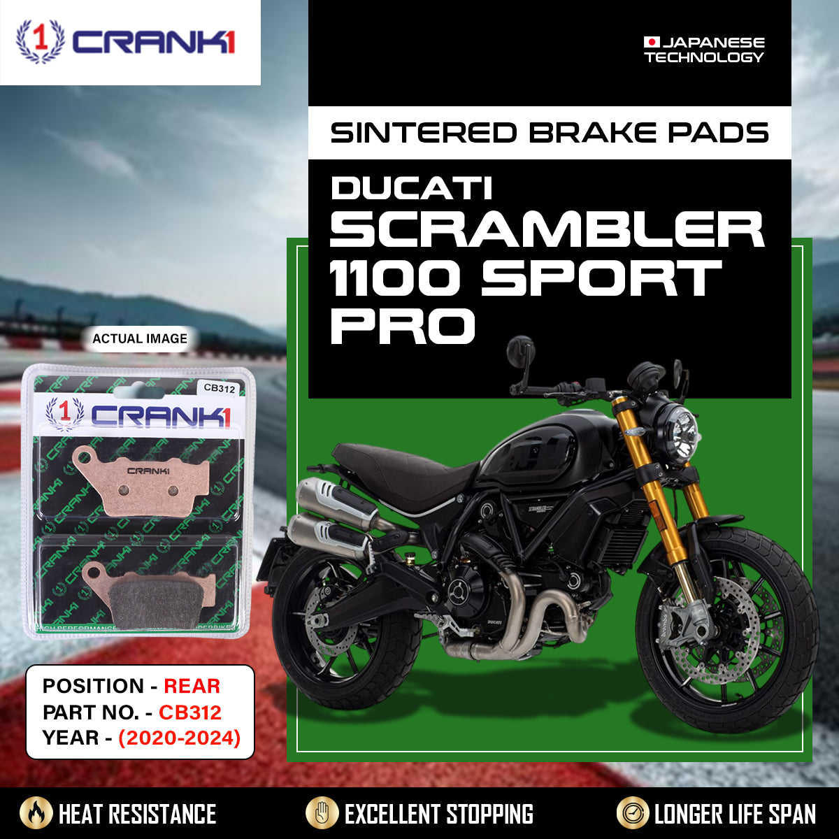 Sintered Brake Pads For Ducati Scrambler 1100 Sport Pro (2020-2024) - Rear - CB312 - 1 Set - CRANK1