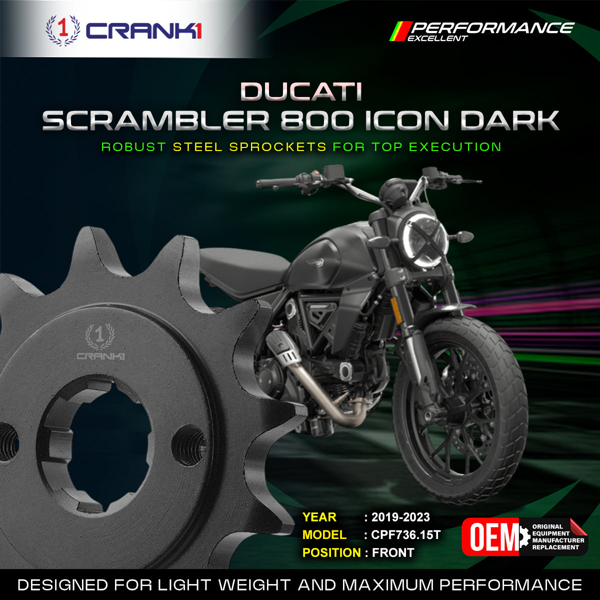 Sprocket For Ducati Scrambler 800 Icon Dark (2019-2023) - Front - CPF736.15T - CRANK1