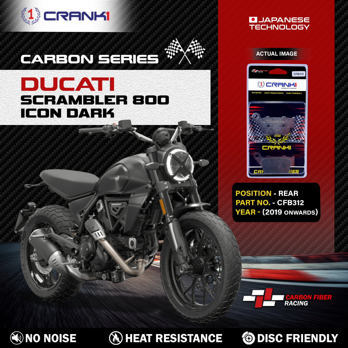 Carbon Brake Pads For Ducati Scrambler 800 Icon Dark (2019 Onwards) - Rear - CFB312 - 1 Set - CRANK1