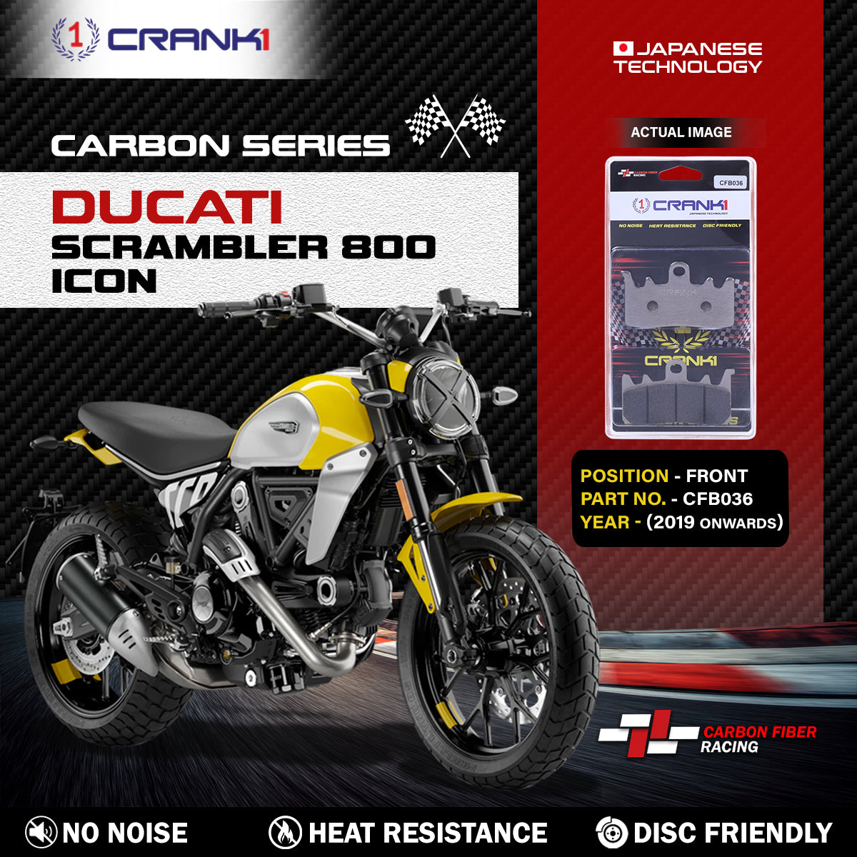 Carbon Brake Pads For Ducati Scrambler 800 Icon (2019 Onwards) - Front - CFB036 - 2 Sets - CRANK1