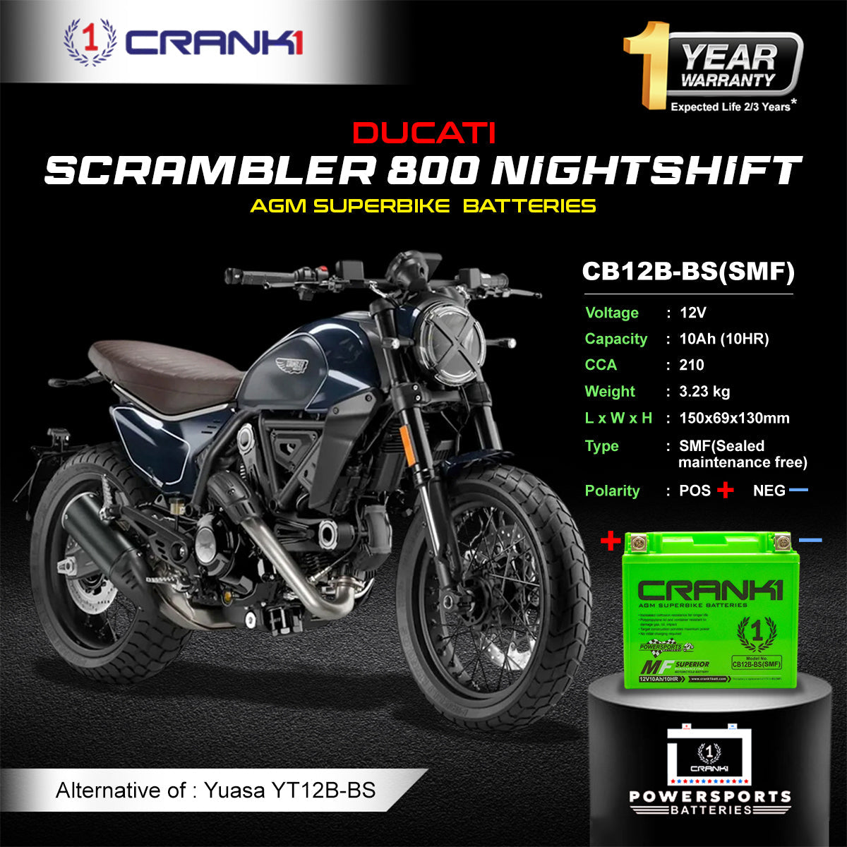 Battery For Ducati Scrambler 800 Nightshift (2015-2025) - CB12B-BS - Factory Activated - CRANK1
