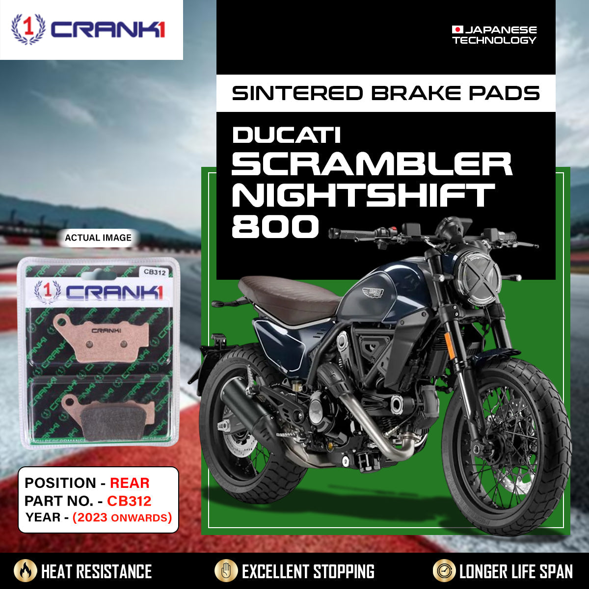 Sintered Brake Pads For Ducati Scrambler Nightshift 800 (2023 Onwards) - Rear - CB312 - 1 Set - CRANK1