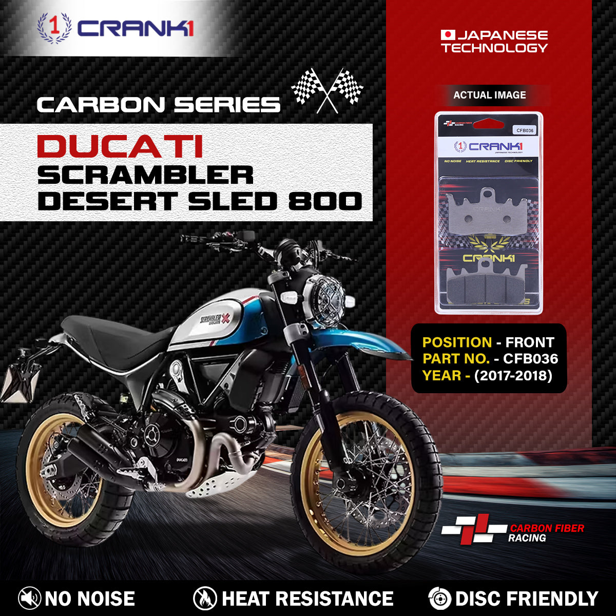 Carbon Brake Pads For Ducati Scrambler Desert Sled 800 (2017-2018) - Front - CFB036 - 2 Sets - CRANK1