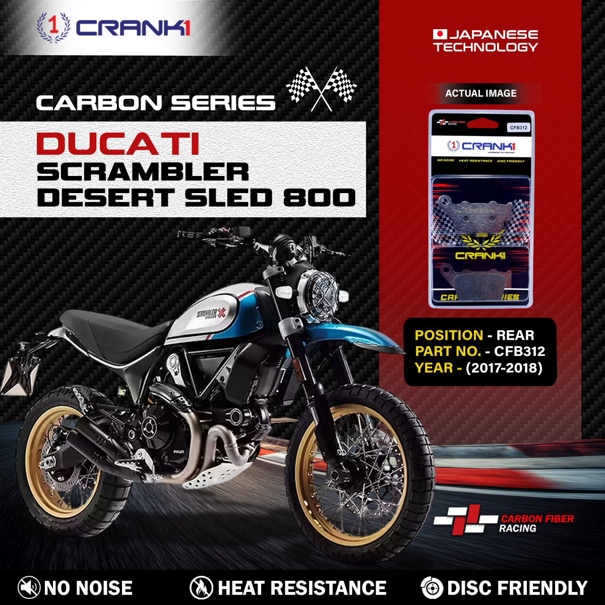 Carbon Brake Pads For Ducati Scrambler Desert Sled 800 (2017-2018) - Rear - CFB312 - 1 Set - CRANK1
