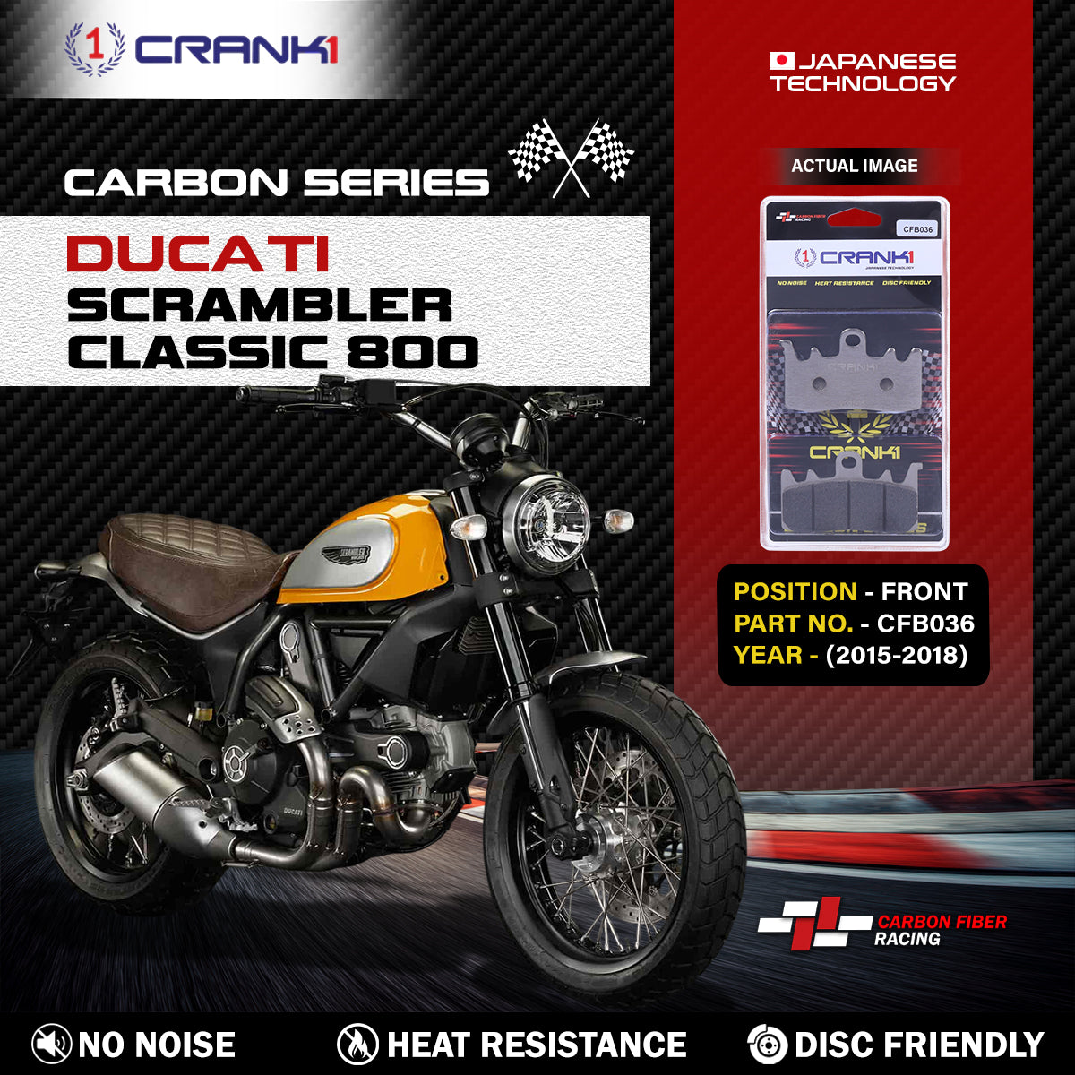 Carbon Brake Pads For Ducati Scrambler Classic 800 (2015-2018) - Front - CFB036 - 2 Sets - CRANK1