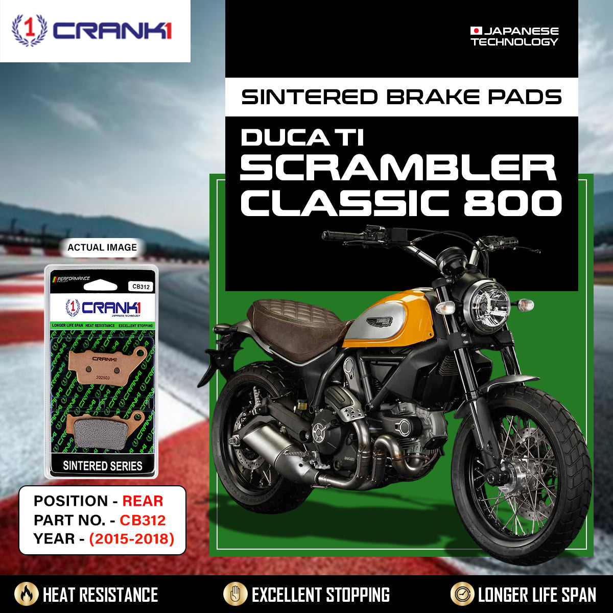 Sintered Brake Pads For Ducati Scrambler Classic 800 (2015-2018) - Rear - CB312 - 1 Set - CRANK1