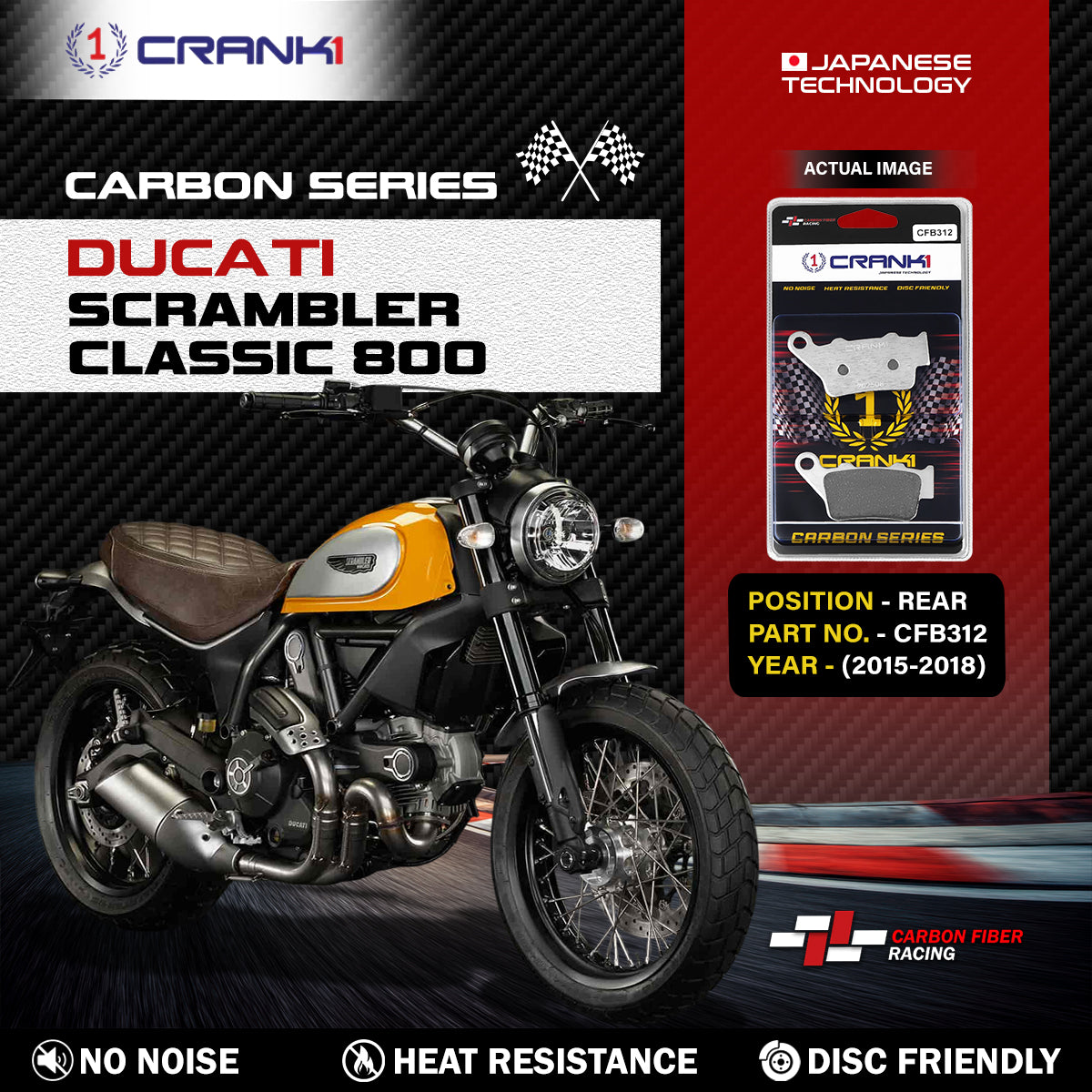 Carbon Brake Pads For Ducati Scrambler Classic 800 (2015-2018) - Rear - CFB312 - 1 Set - CRANK1