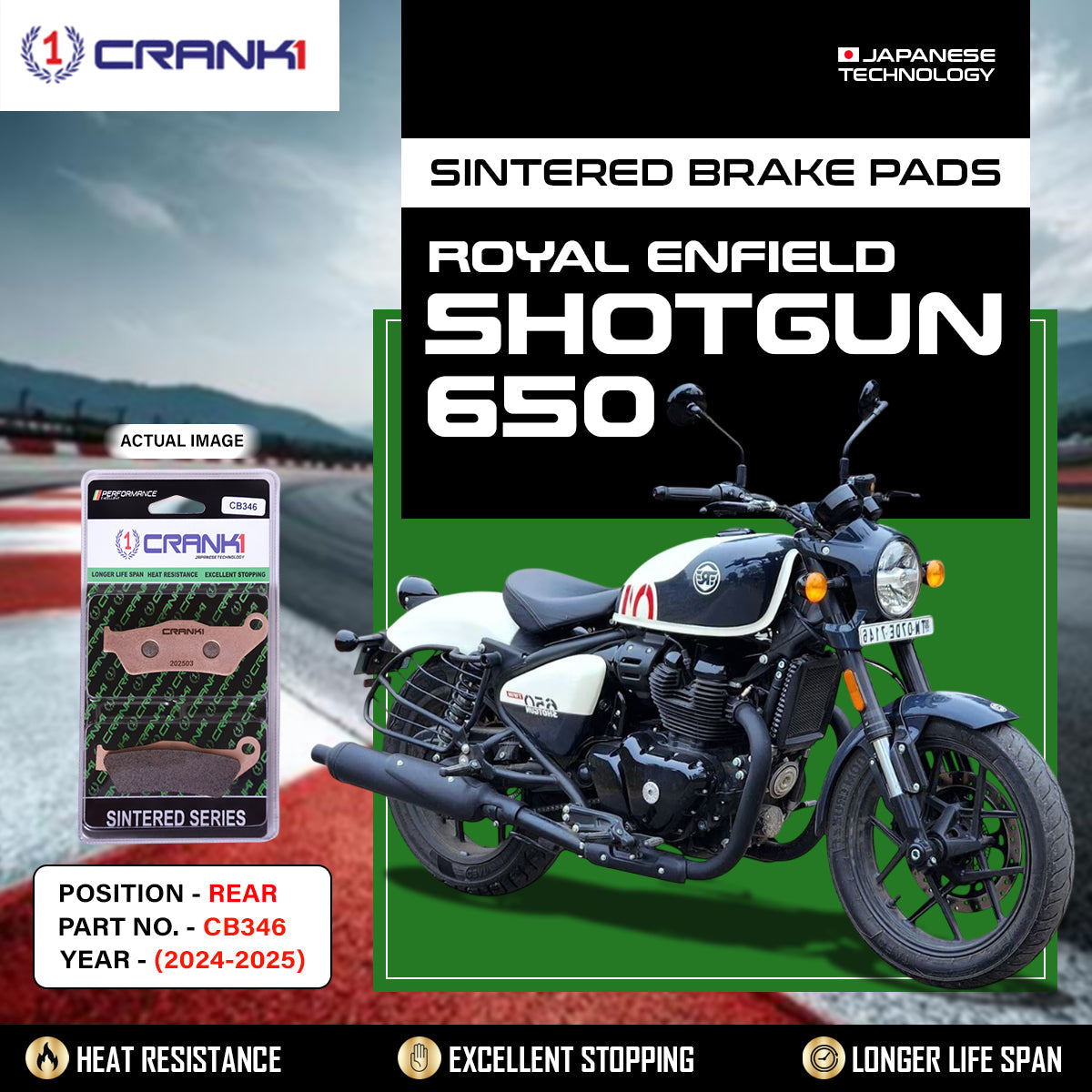 Sintered Brake Pads For Royal Enfield Shotgun 650 (2024-2025) - Rear - CB346 - 1 Set - CRANK1