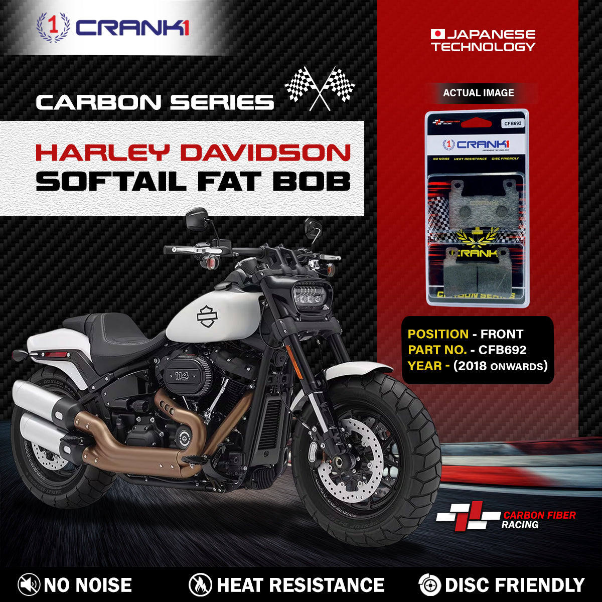 Carbon Brake Pads For Harley Davidson Softail Fat Bob (2018 Onwards) - Front - CFB692 - 2 Sets - CRANK1