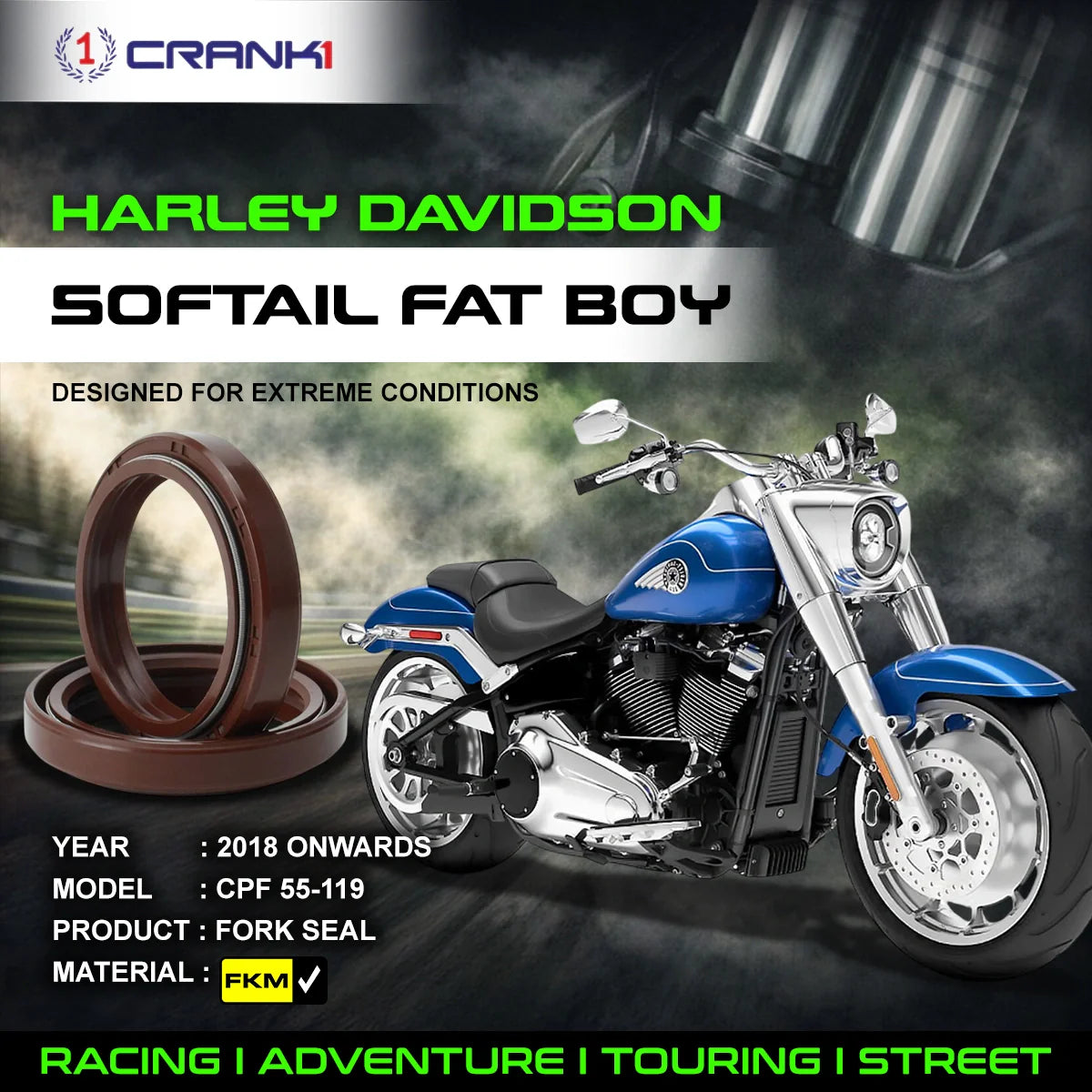 Fork Oil Seals Pair For Harley Davidson Softail Fat Boy (2018 Onwards) - CPF55-119 - CRANK1