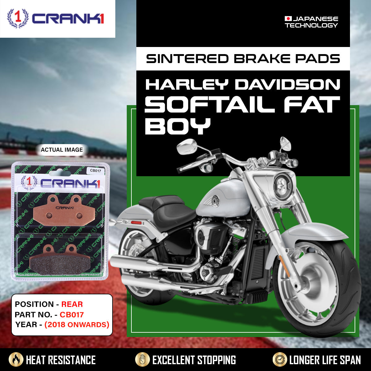 Sintered Brake Pads For Harley Davidson Softail Fat Boy (2018 Onwards) - Rear - CB017 - 1 Set - CRANK1