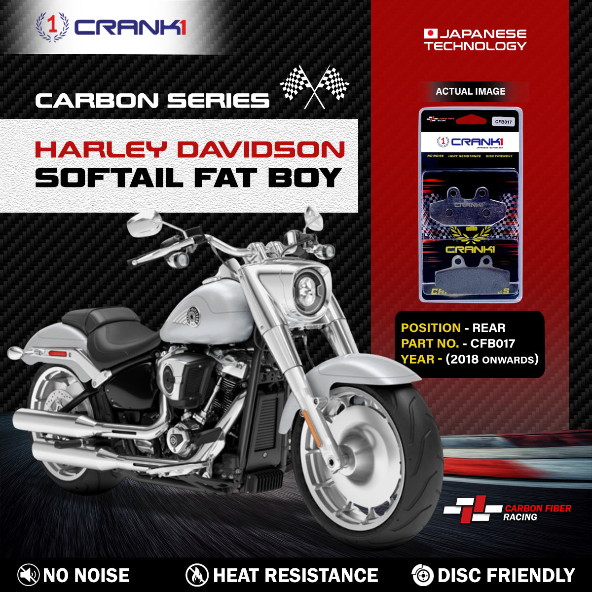 Carbon Brake Pads For Harley Davidson Softail Fat Boy (2018 Onwards) - Rear - CFB017 - 1 Set - CRANK1
