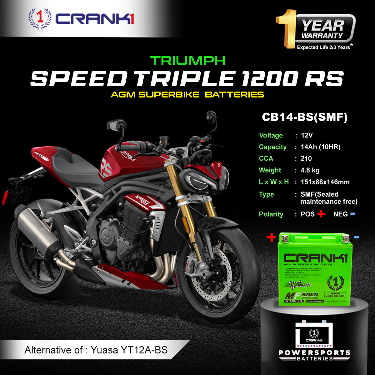 Battery For Triumph Speed Triple 1200 RS (2011-2018) - CB14-BS - Factory Activated - CRANK1