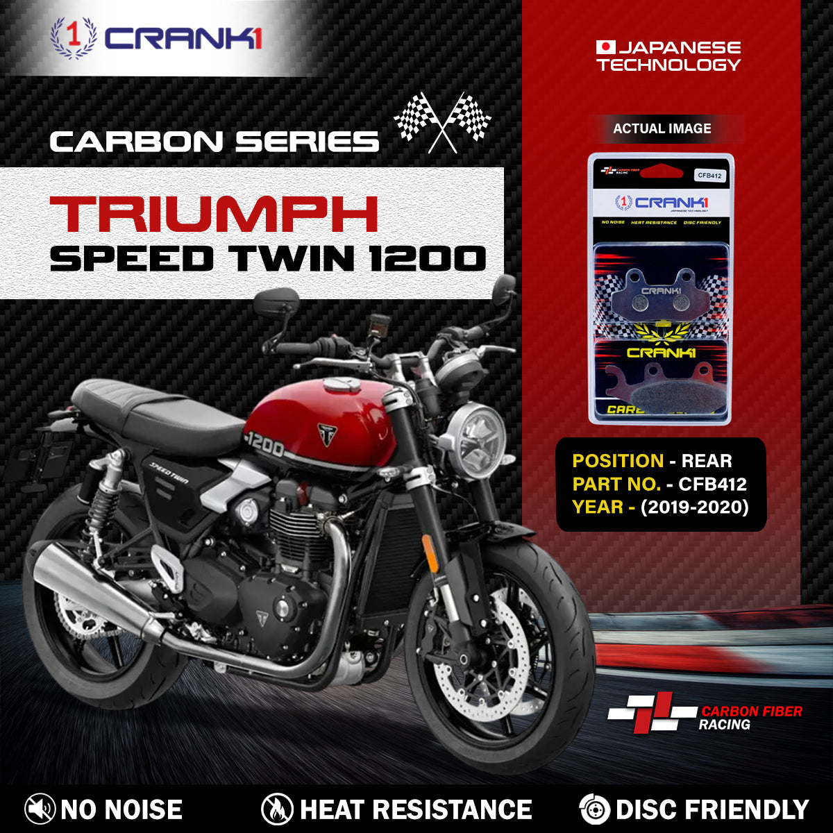 Carbon Brake Pads For Triumph Speed Twin 1200 (2019-2020) - Rear - CFB412 - 1 Set - CRANK1