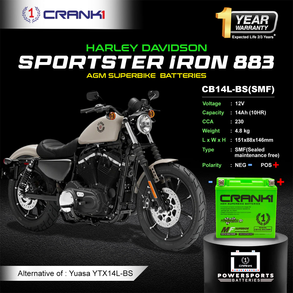 Battery For Harley Davidson Sportster Iron 883 (2012-2025) - CB14L-BS - Factory Activated - CRANK1