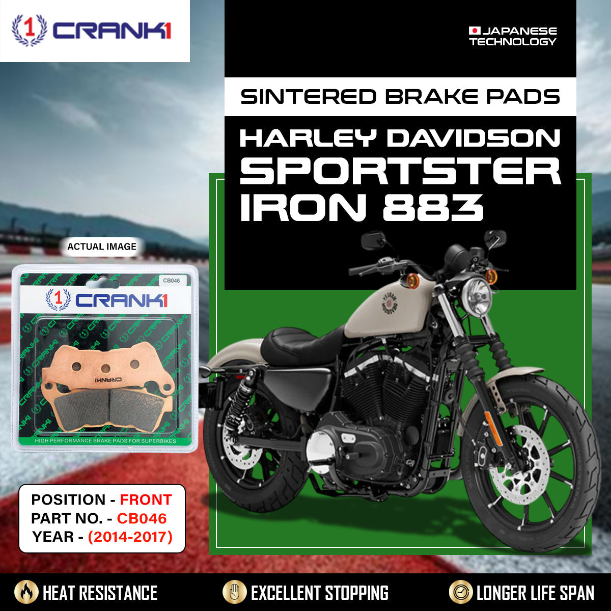 Sintered Brake Pads For Harley Davidson Sportster Iron 883 (2014-2017) - Front - CB046 - 1 Set - CRANK1