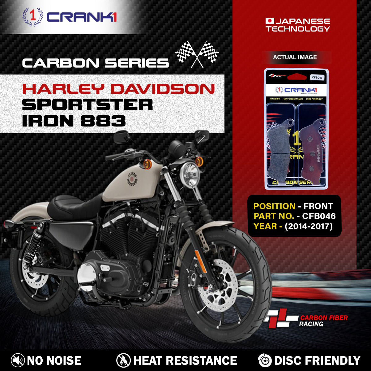Carbon Brake Pads For Harley Davidson Sportster Iron 883 (2014-2017) - Front - CFB046 - 1 Set - CRANK1