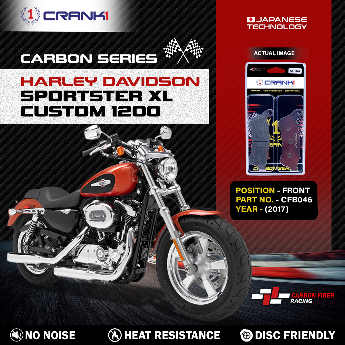 Carbon Brake Pads For Harley Davidson Sportster XL Custom 1200 (2017) - Front - CFB046 - 1 Set - CRANK1