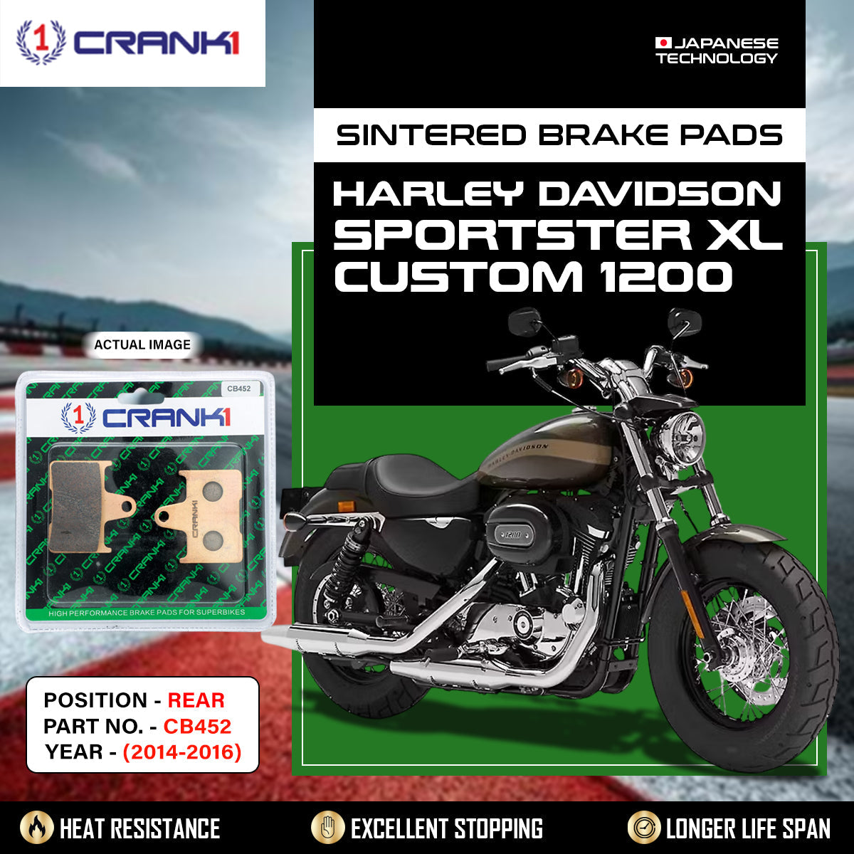 Sintered Brake Pads For Harley Davidson Sportster XL Custom 1200 (2014-2016) - Rear - CB452 - 1 Set - CRANK1