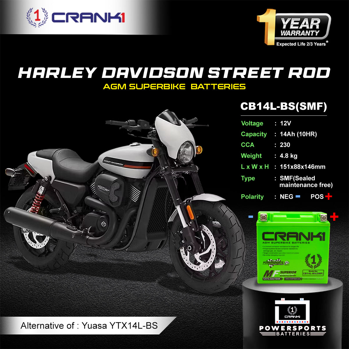 Battery For Harley Davidson Street Rod (2011-2025) - CB14L-BS - Factory Activated - CRANK1