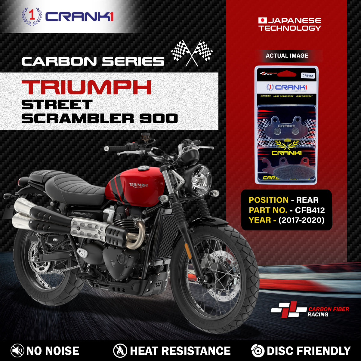 Carbon Brake Pads For Triumph Street Scrambler 900 (2017-2020) - Rear - CFB412 - 1 Set - CRANK1