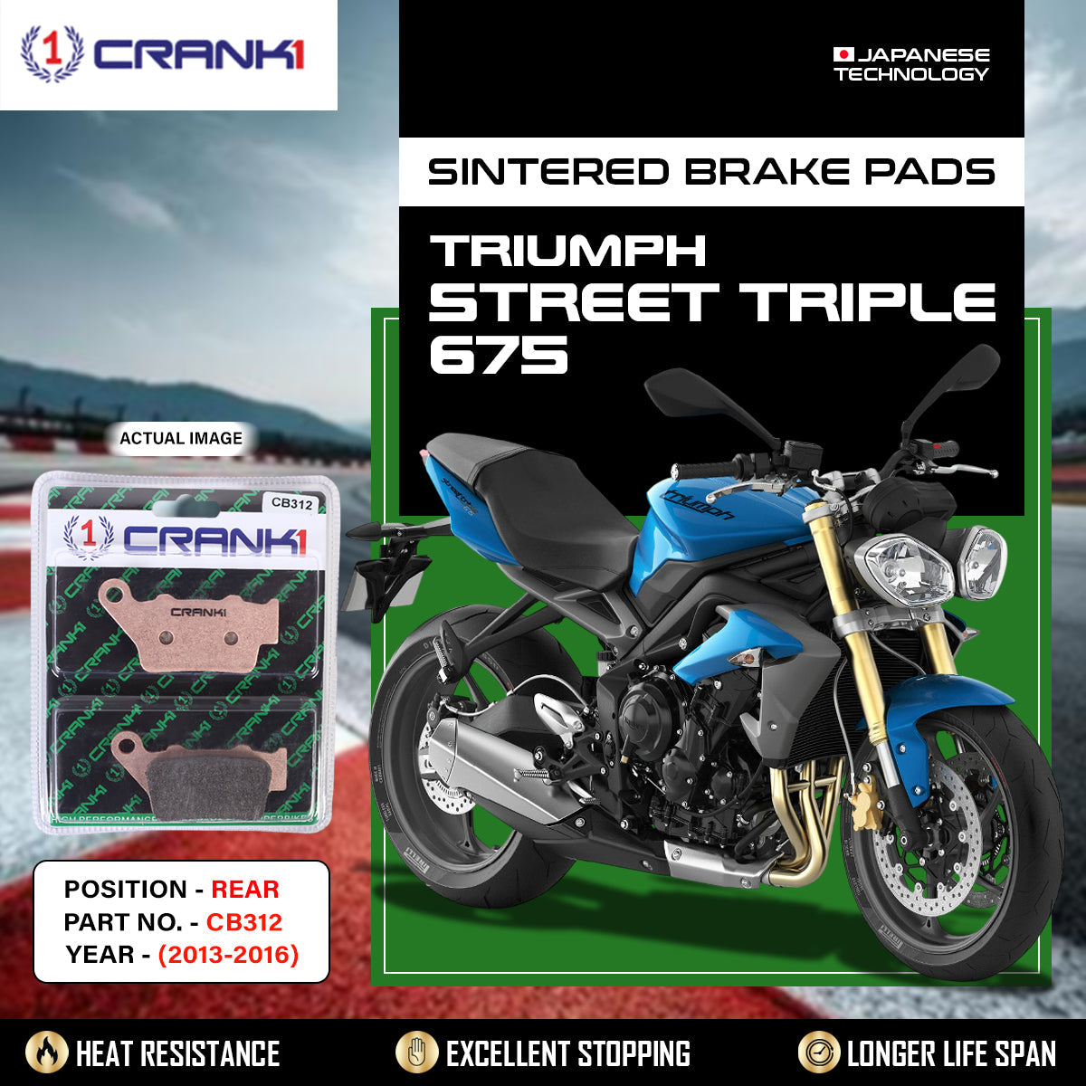 Sintered Brake Pads For Triumph Street Triple 675 (2013-2016) - Rear - CB312- 1 Set - CRANK1