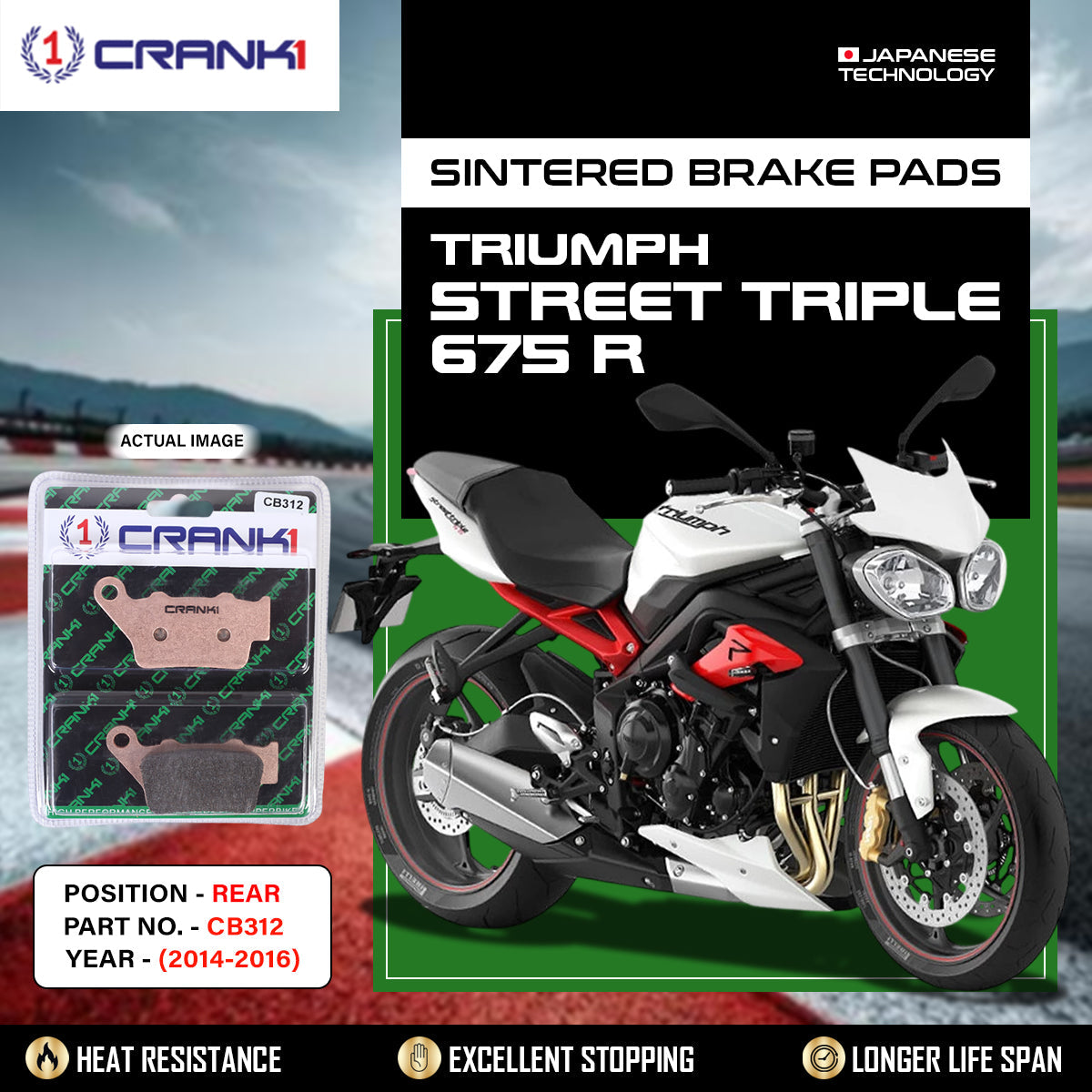 Sintered Brake Pads For Triumph Street Triple 675 R (2014-2016) - Rear - CB312 - 1 Set - CRANK1