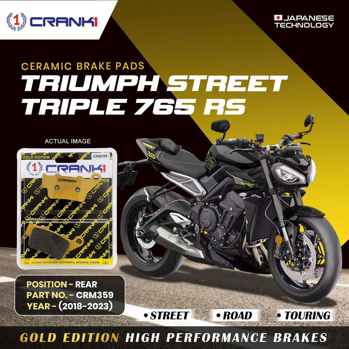 Ceramic Brake Pads For Triumph Street Triple 765 RS (2018-2023) - Rear - CRM359 - 1 Set - CRANK1