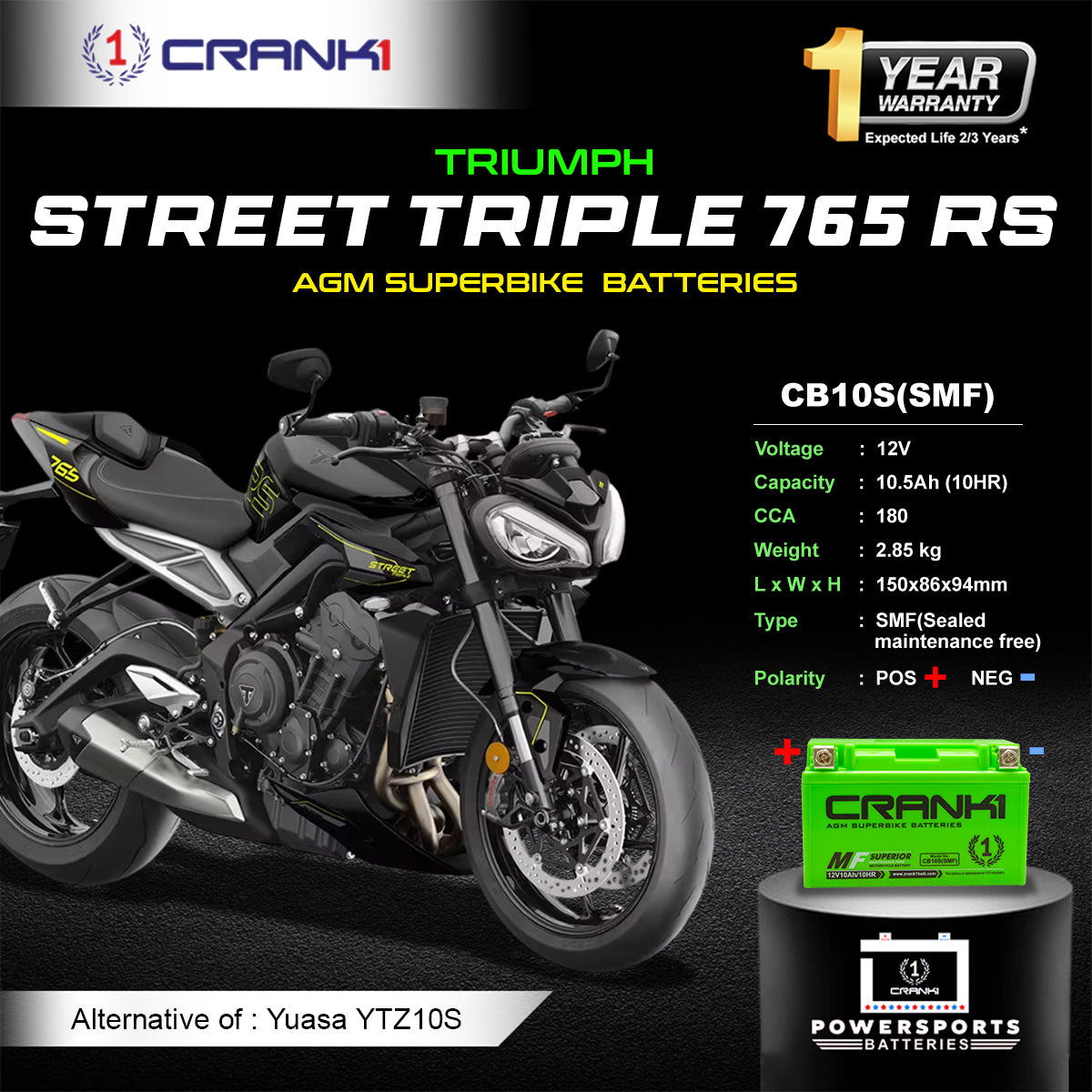 Battery For Triumph Street Triple 765 RS (2021 onwards) - CB10S - Factory Activated - CRANK1