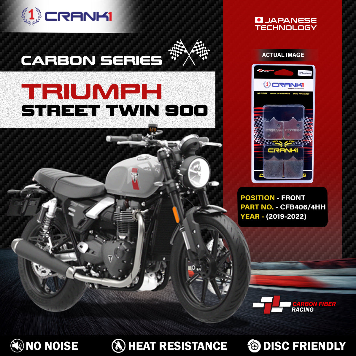 Carbon Brake Pads For Triumph Street Twin 900 (2019-2022) - Front - CFB406/4 - 1 Set - CRANK1