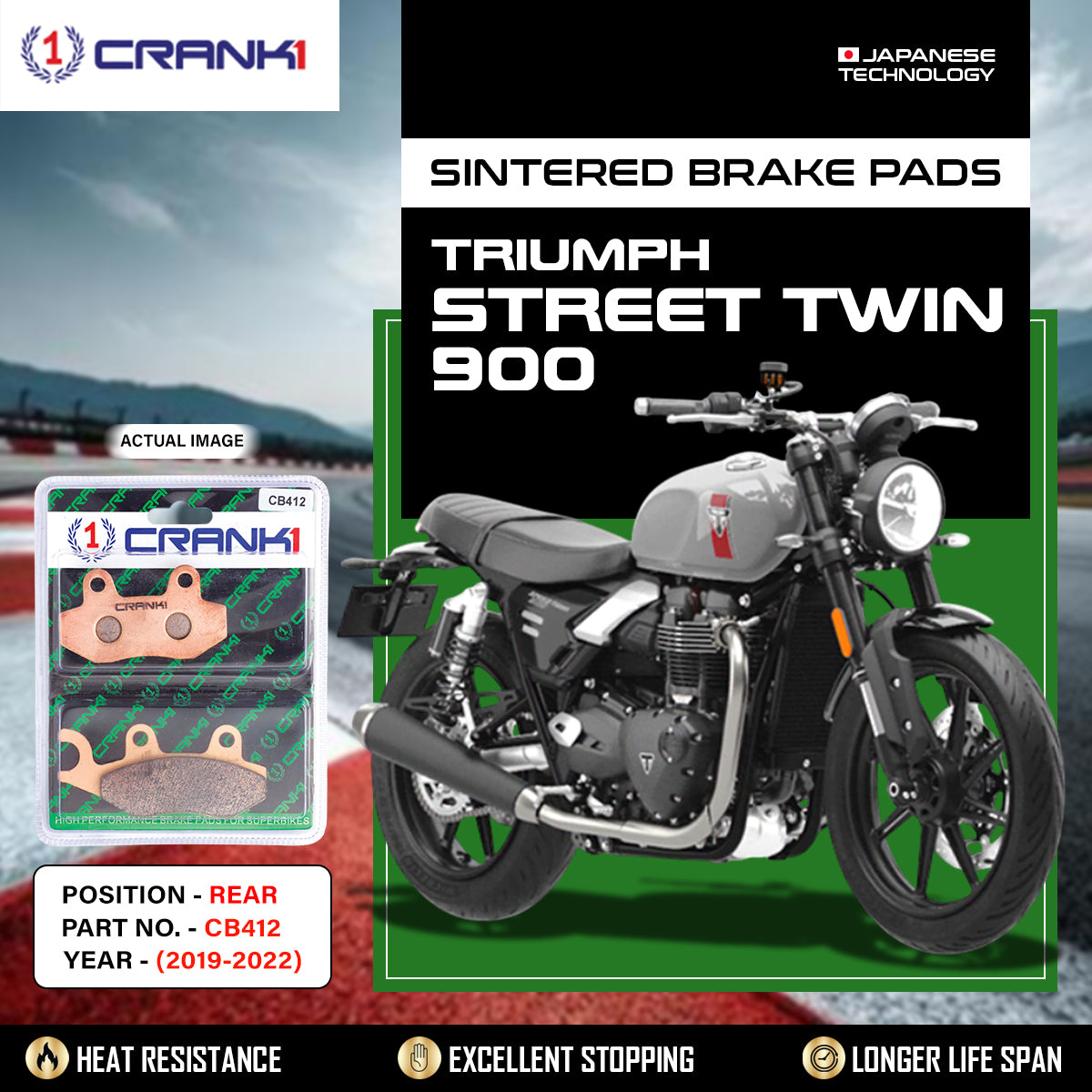 Sintered Brake Pads For Triumph Street Twin 900 (2019-2022) - Rear - CB412 - 1 Set - CRANK1