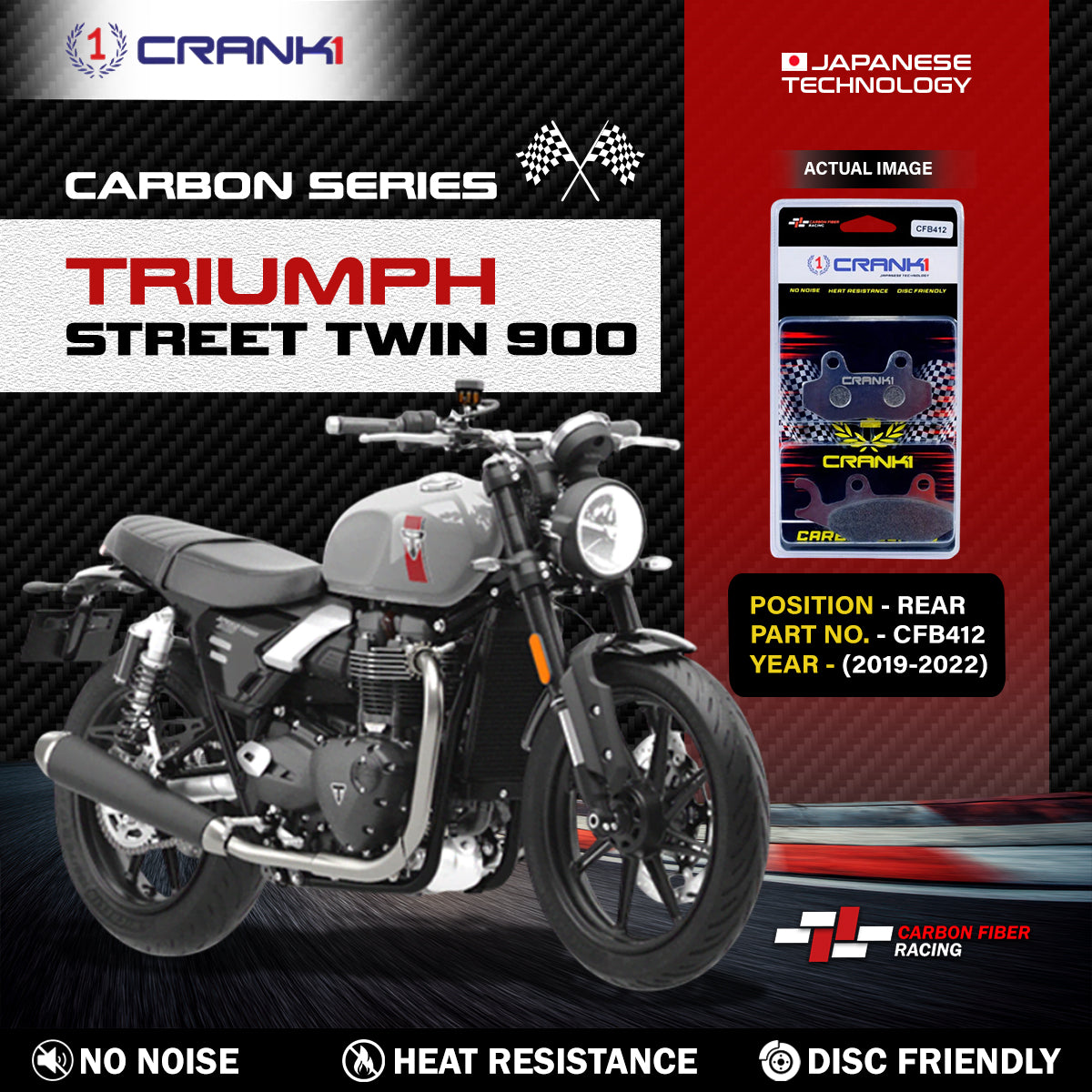 Carbon Brake Pads For Triumph Street Twin 900 (2019-2022) - Rear - CFB412 - 1 Set - CRANK1