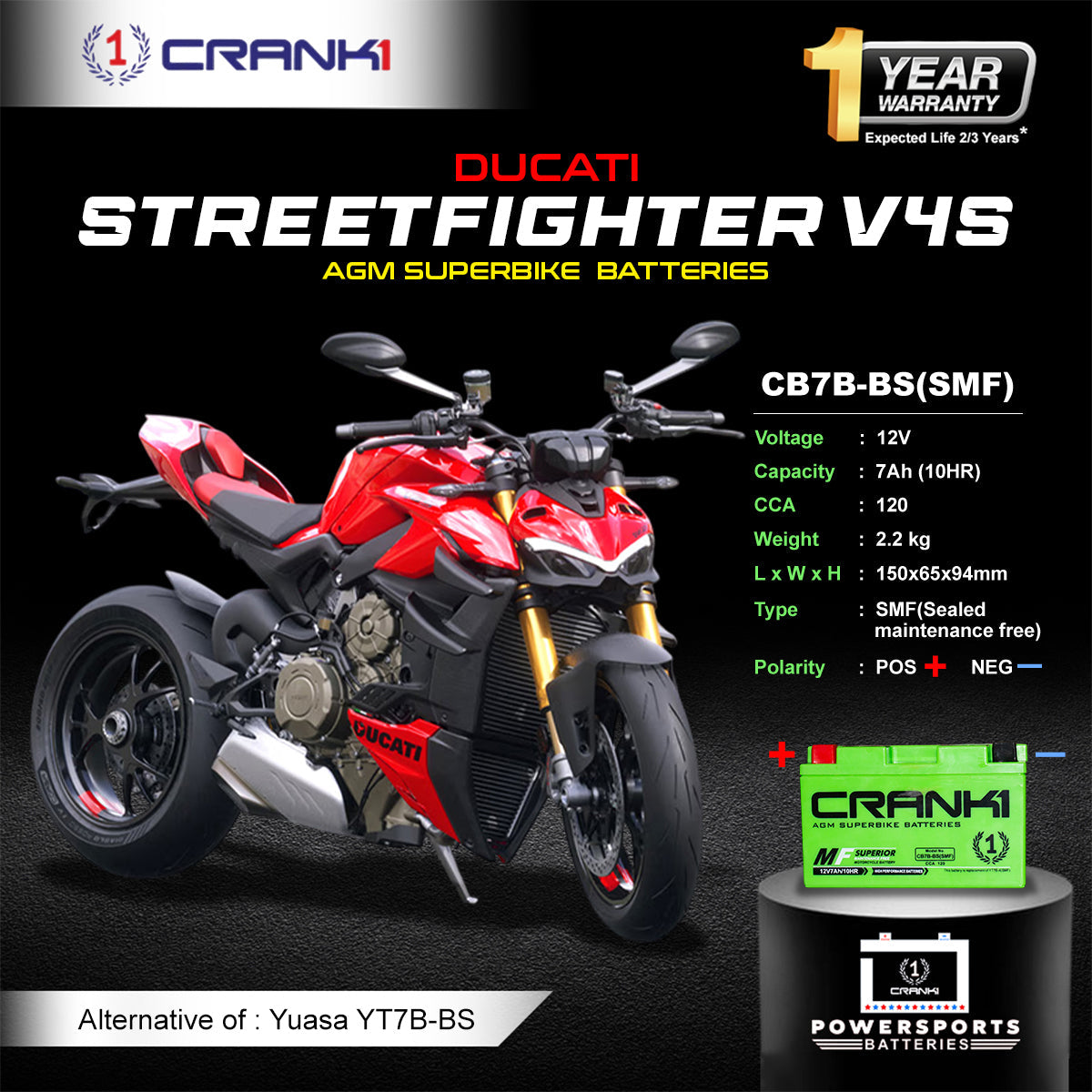 Battery For Ducati Streetfighter V4S - CB7B-BS - Factory Activated - CRANK1