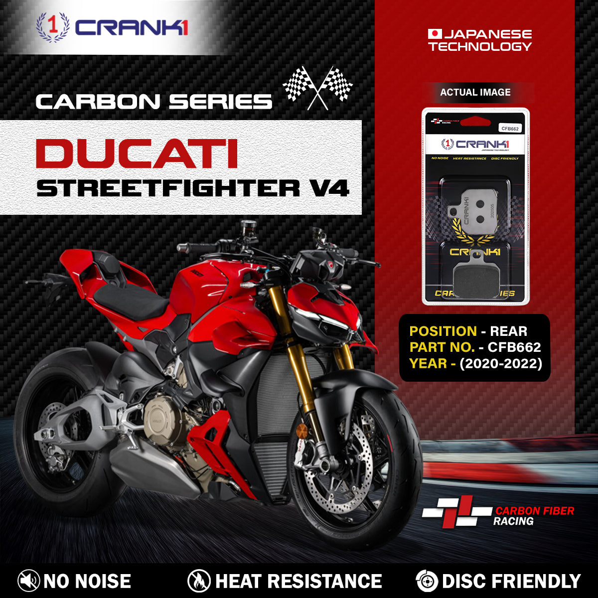 Carbon Brake Pads For Ducati Streetfighter V4 (2020-2022) - Rear - CFB662 - 1 Set - CRANK1